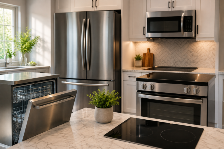 "Modern energy-efficient kitchen with stainless steel refrigerator, induction cooktop, dishwasher, microwave, and oven."
