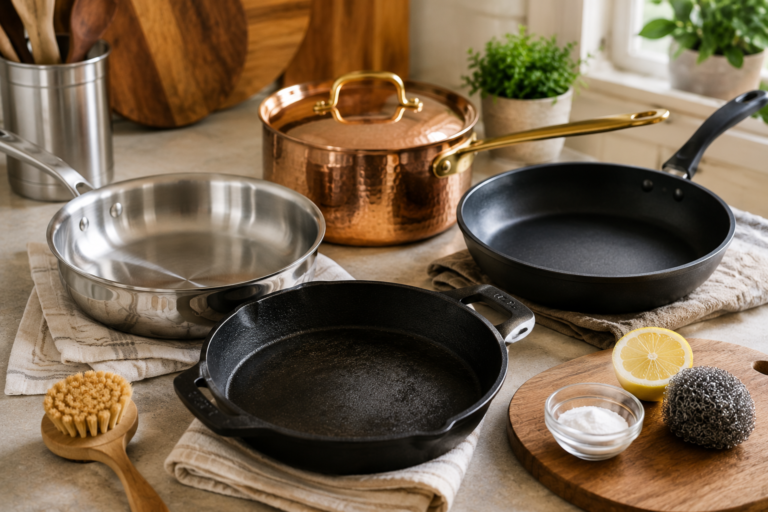 Cookware care essentials featuring cast iron, stainless steel, nonstick, and copper pans with cleaning tools.