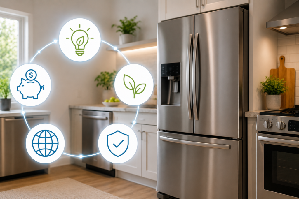 "Modern energy-efficient kitchen with eco-friendly icons representing sustainability, savings, and smart appliance choices."