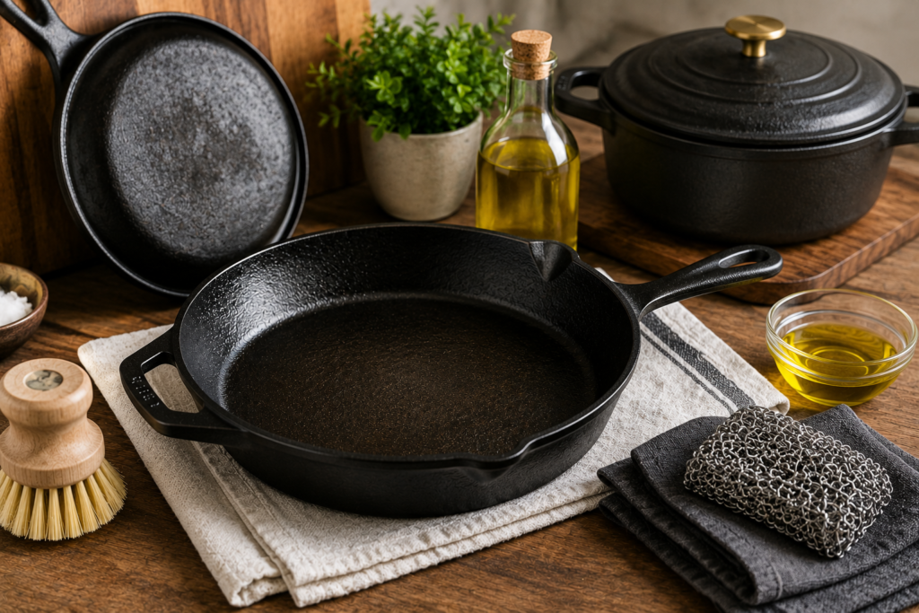 Seasoned cast iron skillet with oil, scrub brush, and cleaning tools on a rustic kitchen countertop.