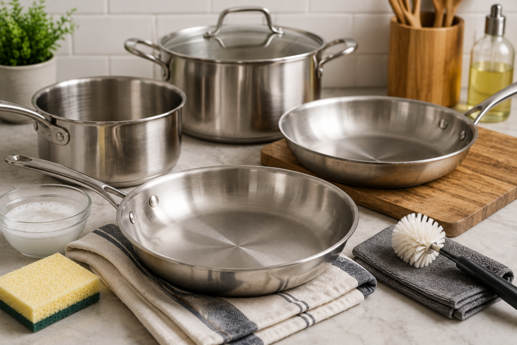 Clean stainless steel cookware with sponge, brush, and soft cloth on a modern kitchen countertop.