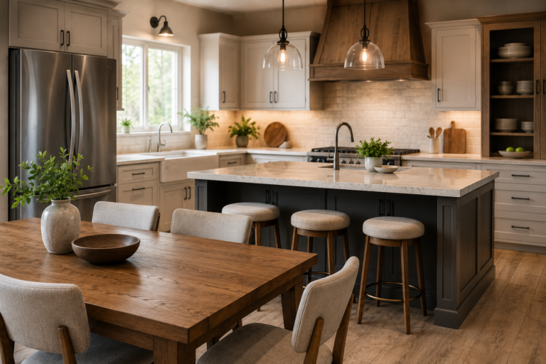 "Modern kitchen featuring a dining table, kitchen island, storage cabinets, and stylish furniture in a spacious layout."