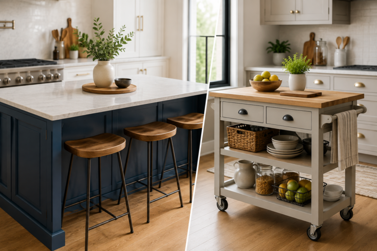 Modern kitchen island and rolling kitchen cart side by side in a contemporary kitchen.