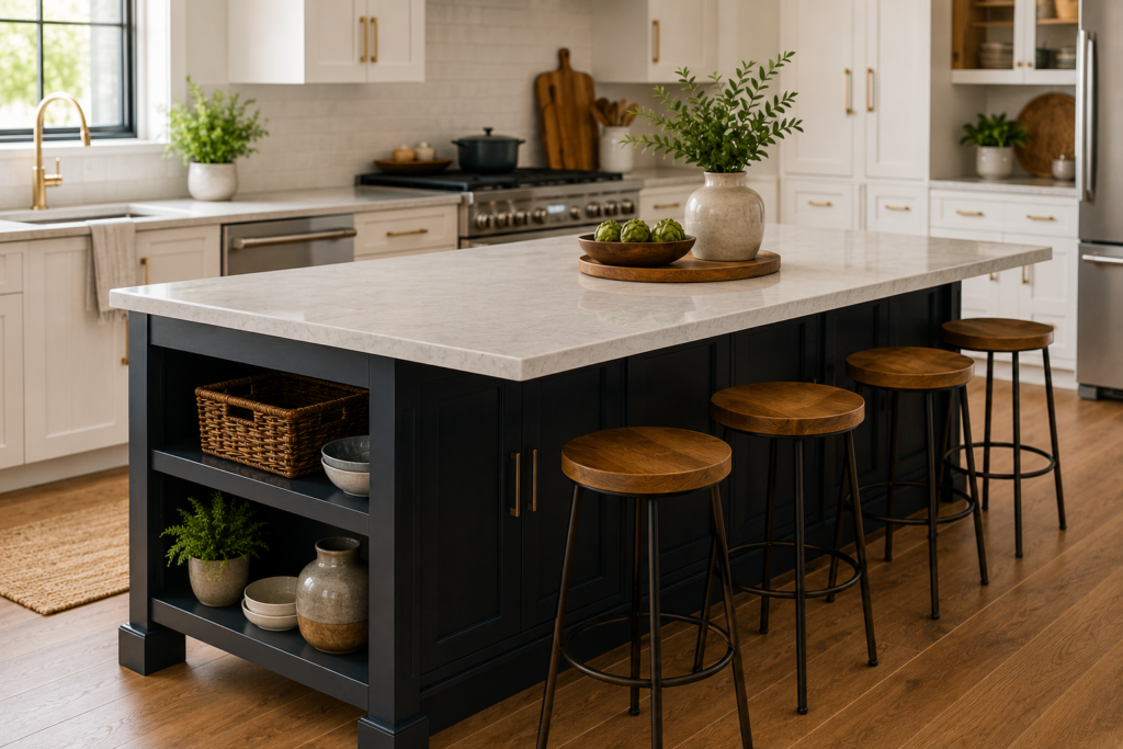 Modern kitchen island with marble countertop, built-in storage, and bar stools in a contemporary kitchen.