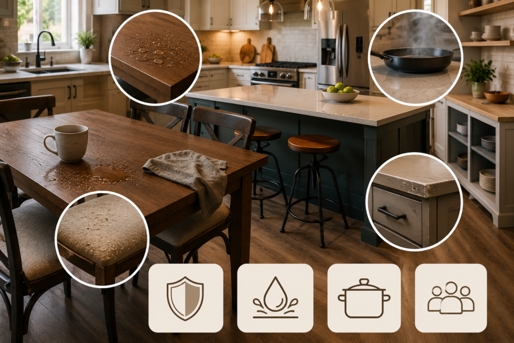 "Modern kitchen furniture showing durable dining table, island, cabinets, and surfaces designed for everyday use."