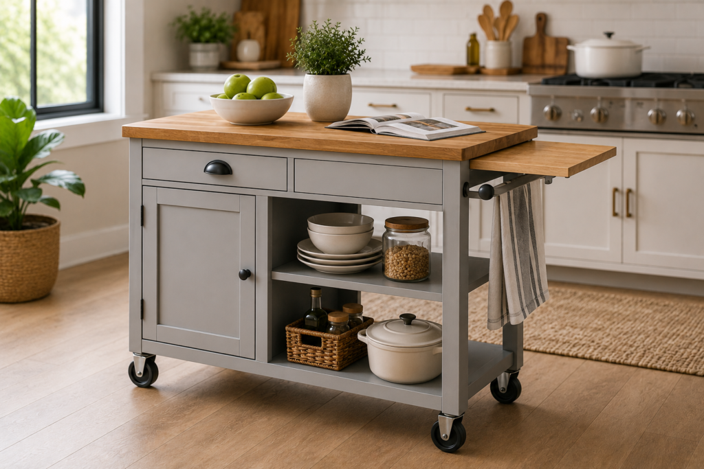 Rolling kitchen cart with butcher block top, open shelves, drawers, and storage in a modern kitchen.