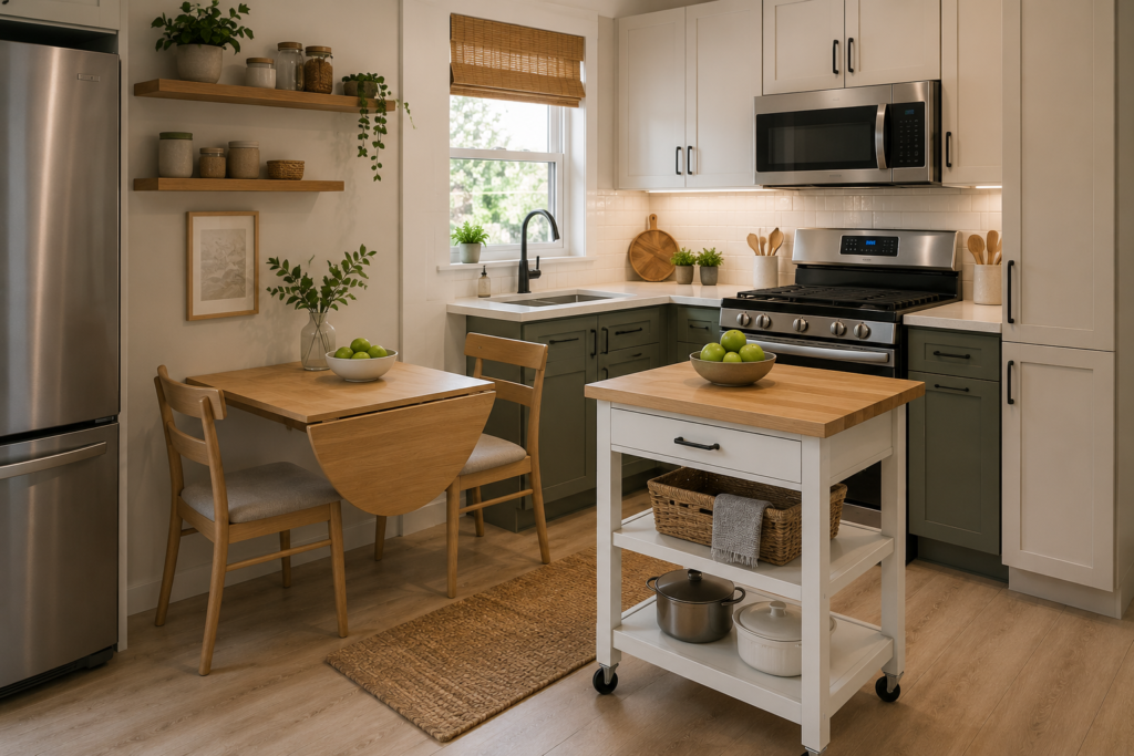 "Compact modern kitchen with space-saving dining table, rolling island cart, and smart storage solutions for small spaces."