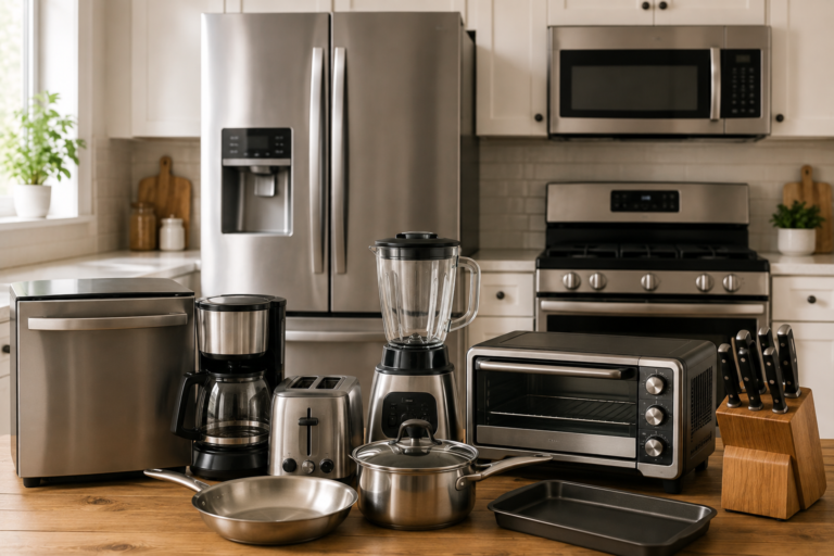 Essential kitchen appliances for first-time homeowners in a modern kitchen.