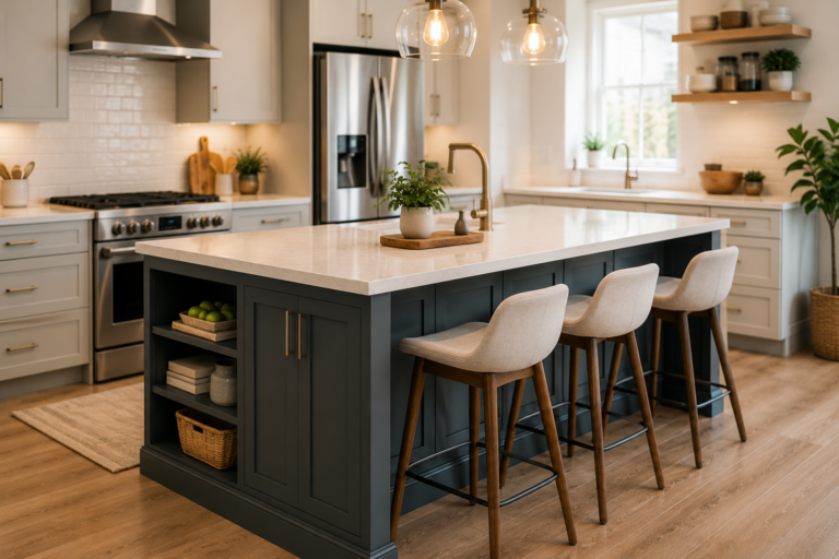 "Modern kitchen with a spacious island featuring seating, storage, and a quartz countertop as the central workspace."