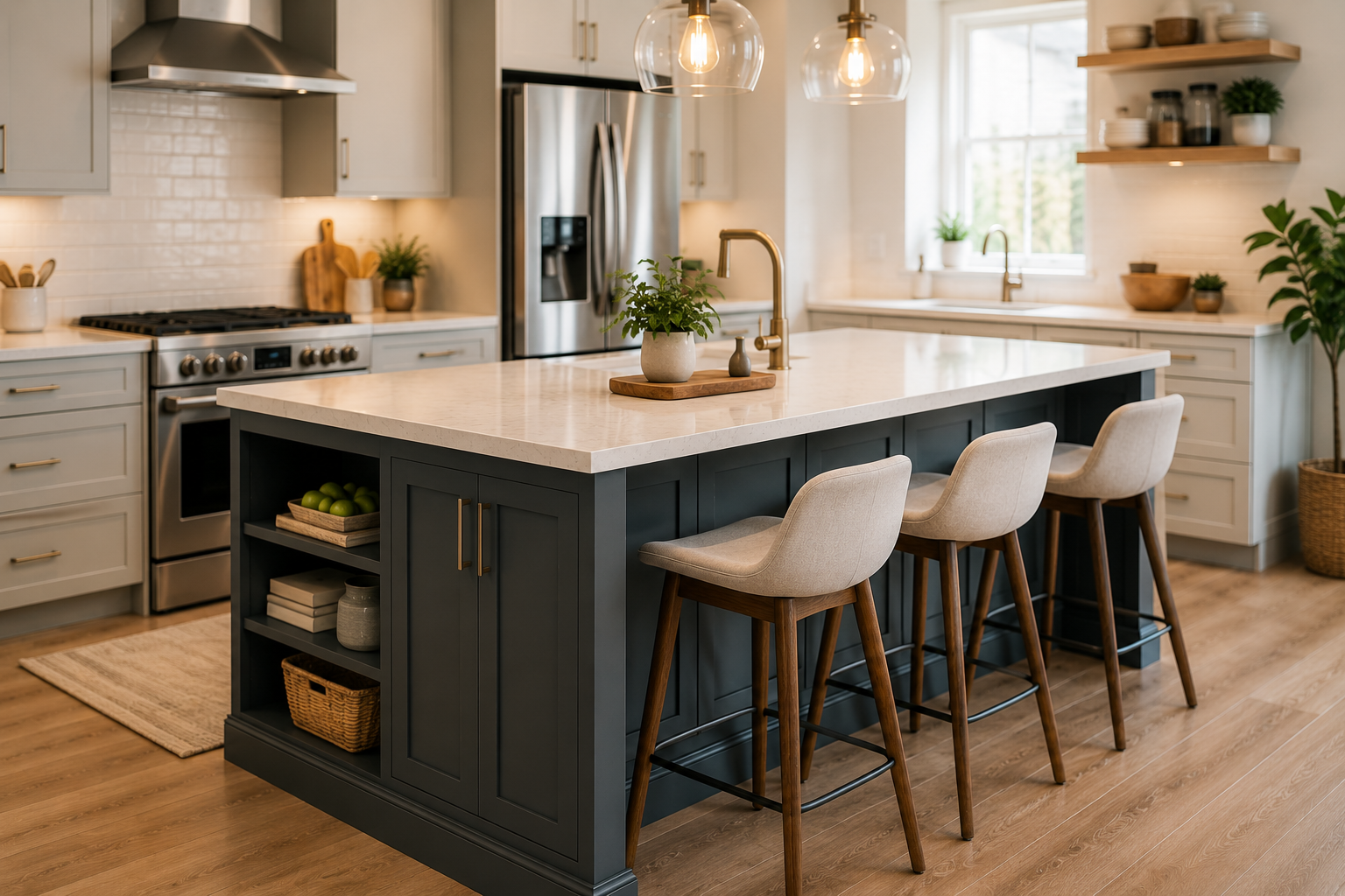 "Modern kitchen with a spacious island featuring seating, storage, and a quartz countertop as the central workspace."