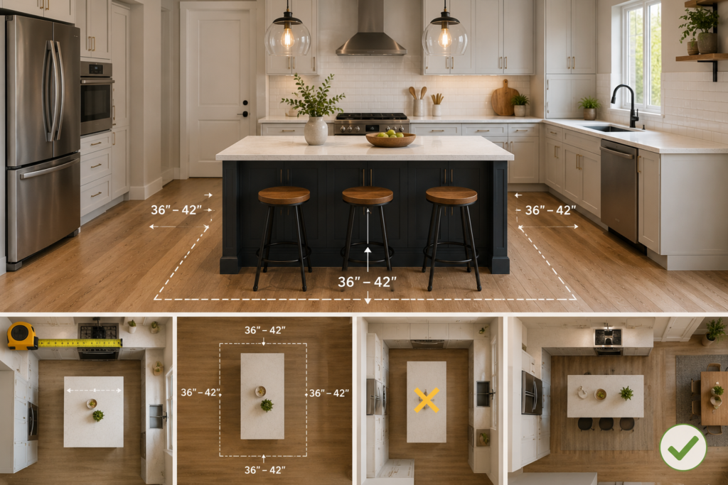 "Kitchen island positioned with proper clearance space, illustrating how layout and room size affect island placement."