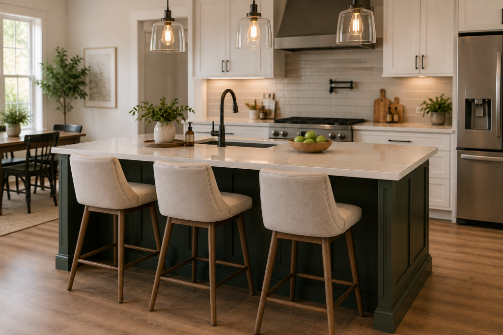 "Kitchen island with comfortable bar stools, showing practical seating for casual dining and family gatherings."