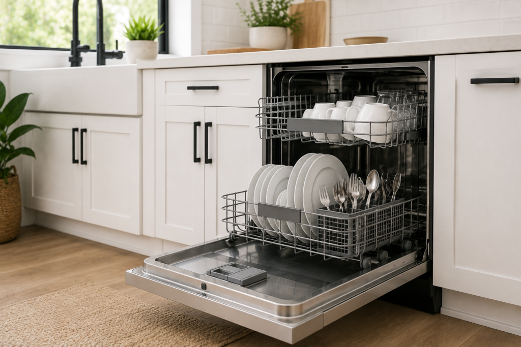 Built-in stainless steel dishwasher loaded with clean dishes in a modern white kitchen.