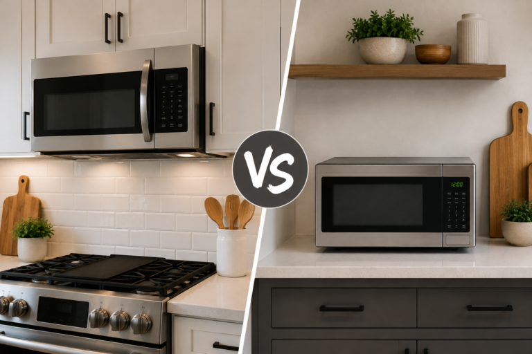 "Comparison of an over-the-range microwave and a countertop microwave in modern kitchen settings."