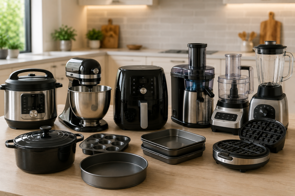 Optional kitchen appliances including an air fryer, stand mixer, multi-cooker, blender, and waffle maker on a kitchen counter.