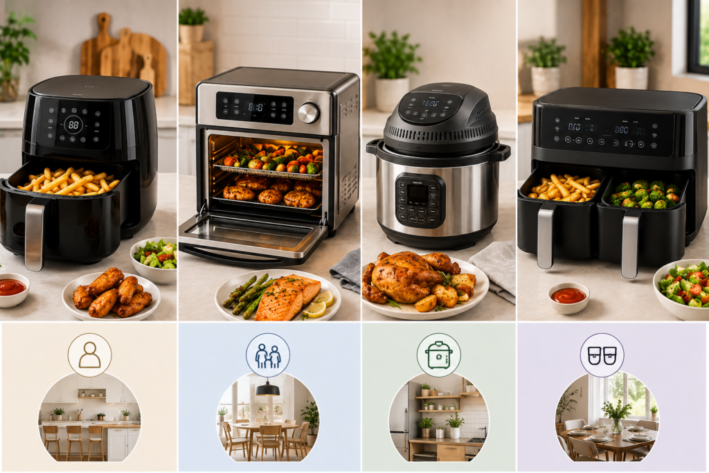 "Comparison of four air fryer types, including basket-style, oven-style, pressure cooker lid, and dual-basket models, displayed with different cooked meals in a modern kitchen."