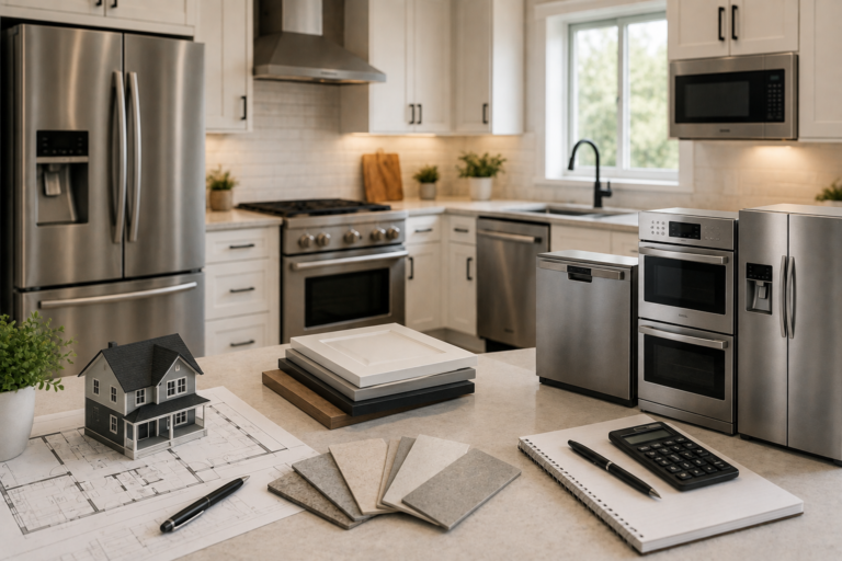 Modern kitchen planning setup with stainless steel appliances, home blueprint, finish samples, and budgeting tools.
