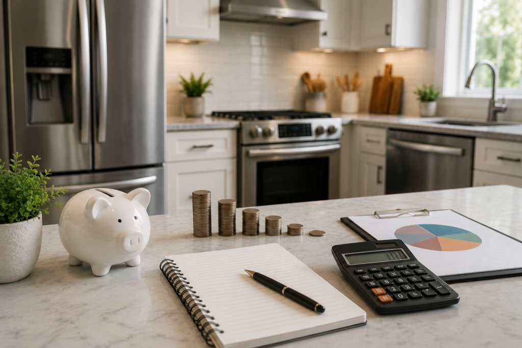 Kitchen appliance budget planning with a calculator, savings, notebook, and modern stainless steel kitchen appliances.