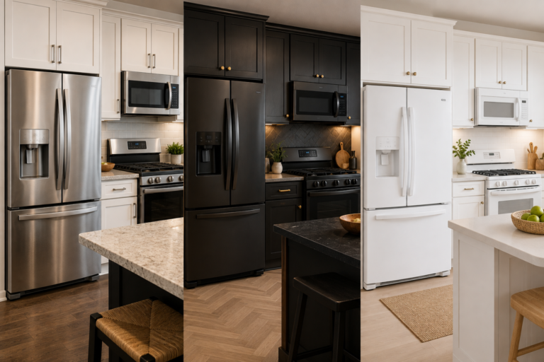 "Three modern kitchens showcasing stainless steel, black stainless, and white appliances, highlighting the visual differences between popular kitchen appliance finishes."