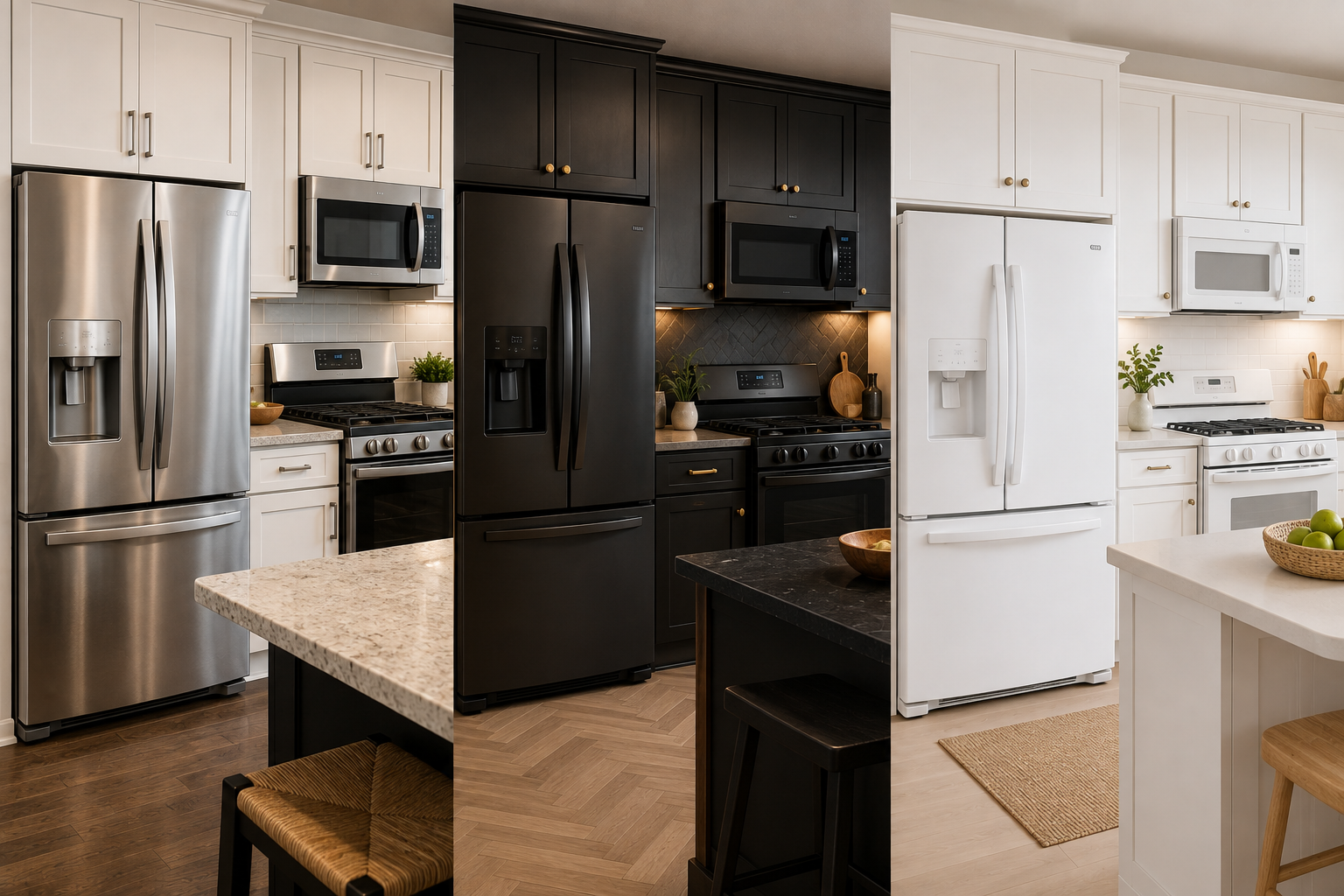 "Three modern kitchens showcasing stainless steel, black stainless, and white appliances, highlighting the visual differences between popular kitchen appliance finishes."