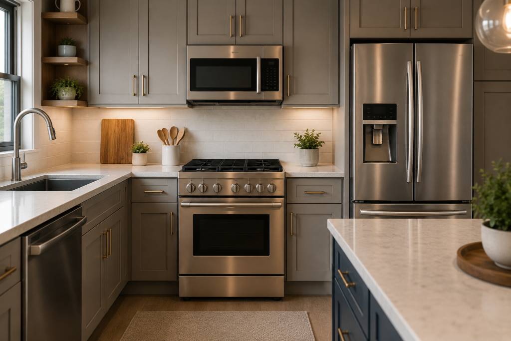 Modern kitchen with matching stainless steel appliances, coordinated cabinetry, and a cohesive contemporary design.