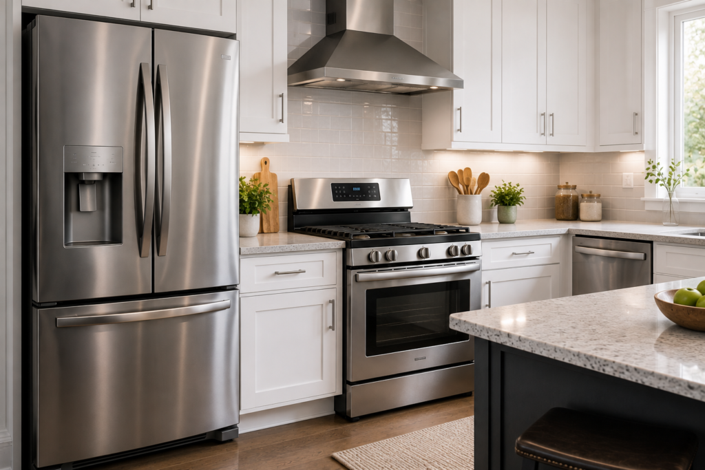 "Modern kitchen featuring premium stainless steel refrigerator, range, hood, and dishwasher with white cabinetry, highlighting the timeless appeal of stainless steel appliances."