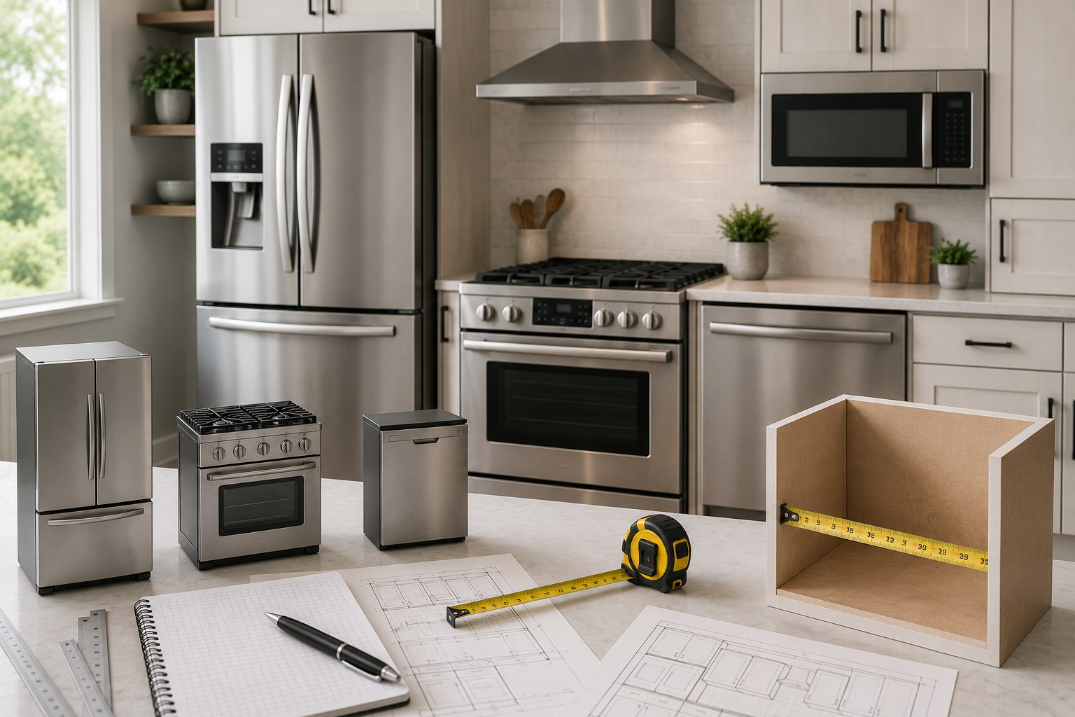 Kitchen appliance size planning with measuring tape, appliance models, cabinet opening, and modern stainless steel kitchen appliances.