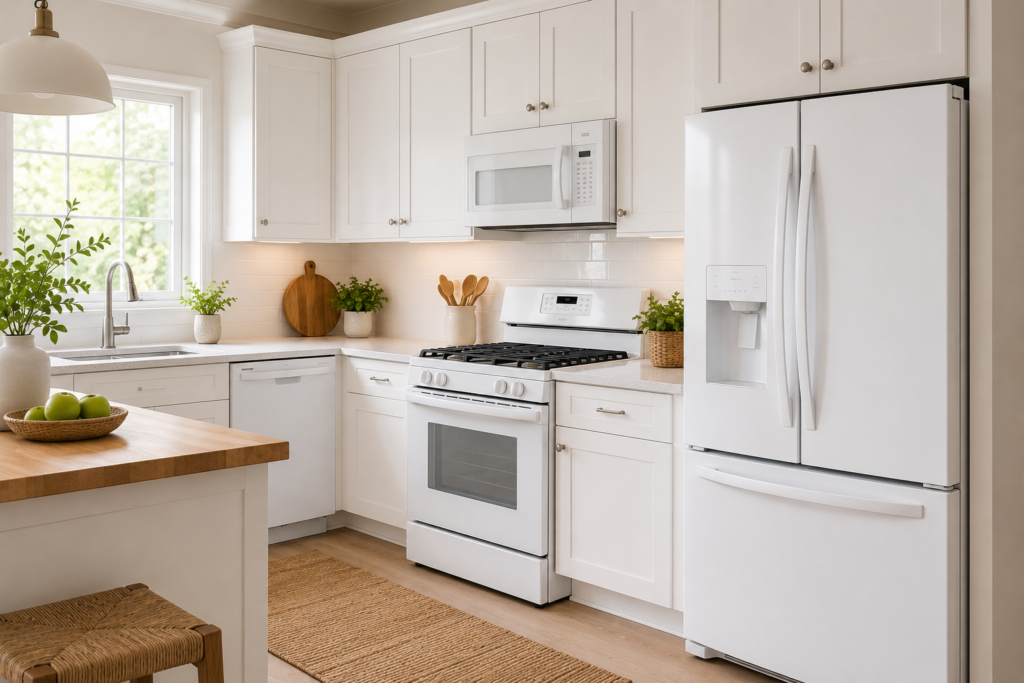 "Bright modern kitchen featuring white appliances, white cabinetry, natural wood accents, and abundant daylight, creating a clean, spacious, and timeless look."