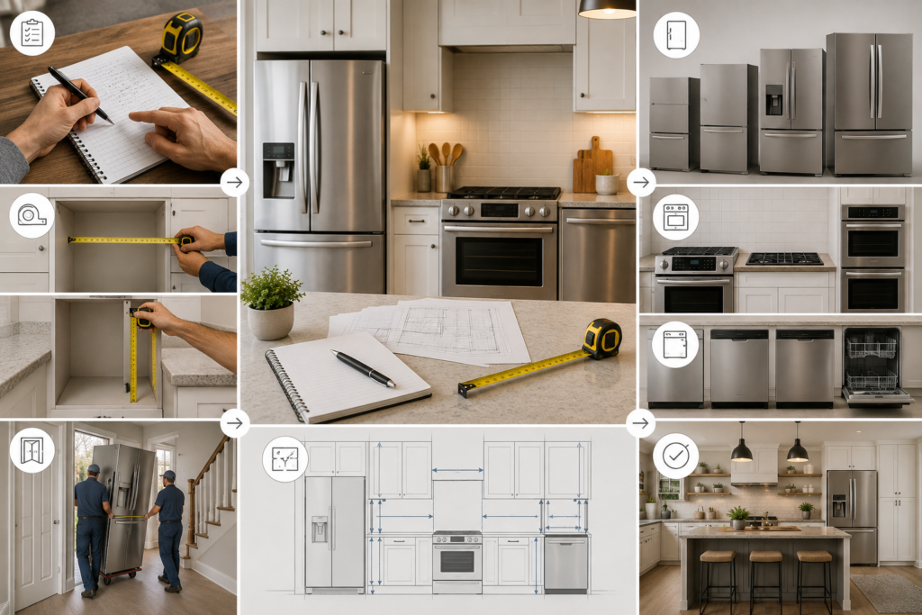 Kitchen appliance size planning with measuring tools, appliance layouts, delivery access, and a modern kitchen installation concept.
