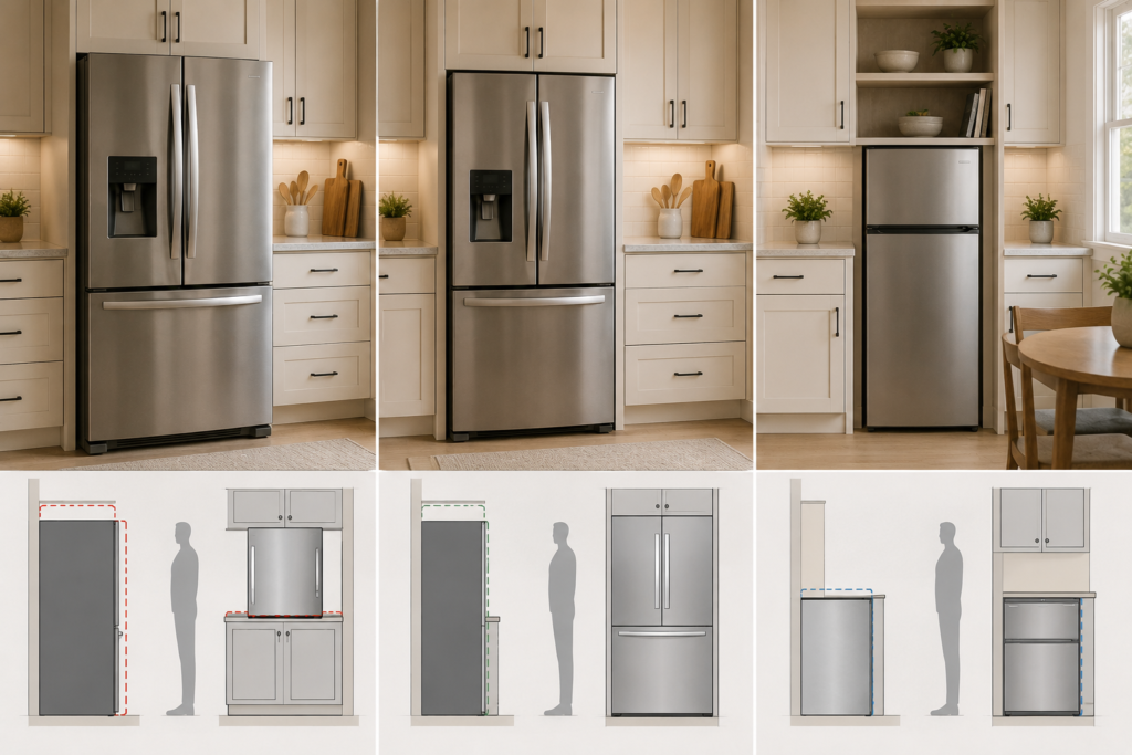 Comparison of standard-depth, counter-depth, and compact refrigerators in modern kitchen layouts with different space requirements.