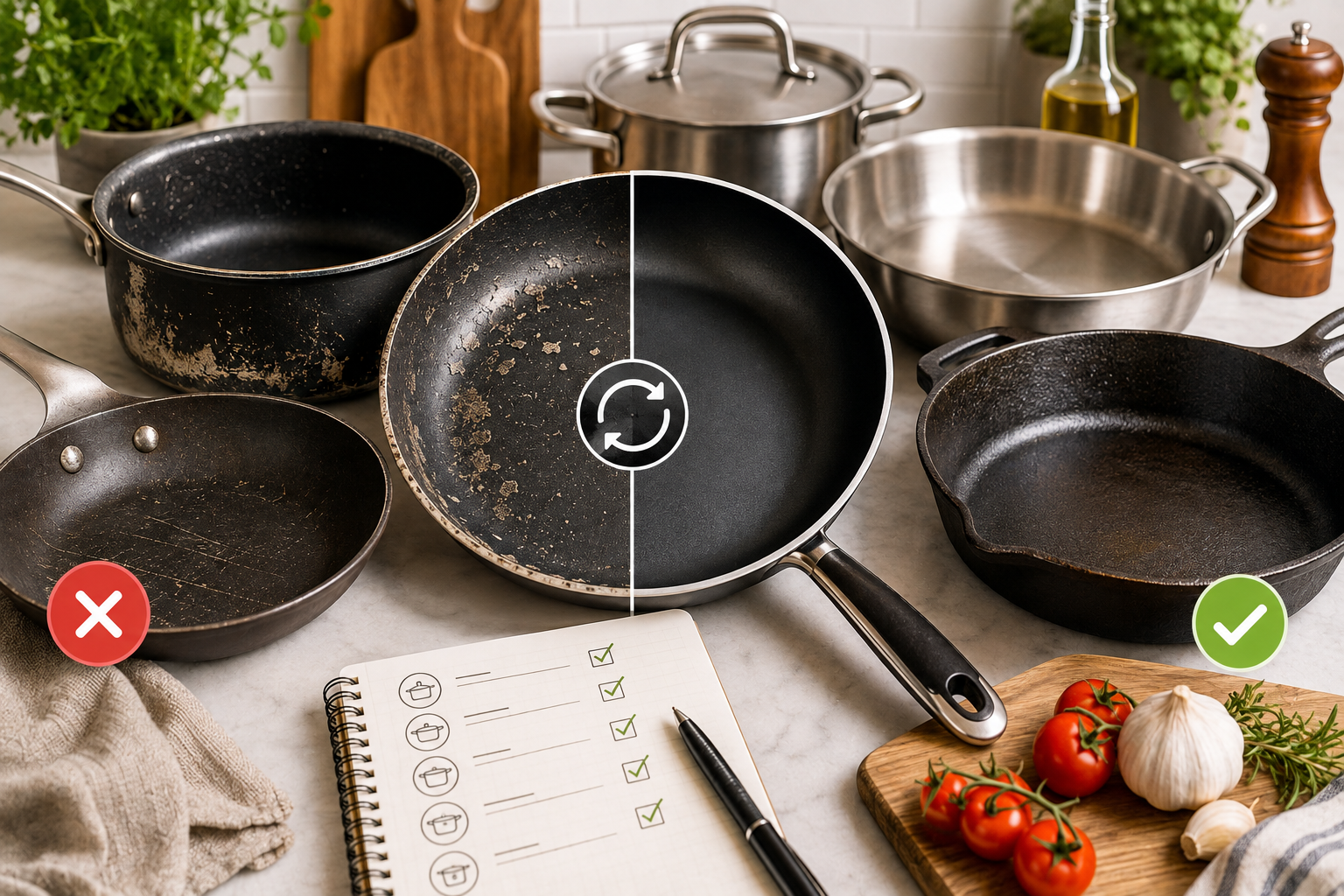Worn and new cookware including nonstick, stainless steel, and cast iron pots and pans arranged on a modern kitchen countertop.