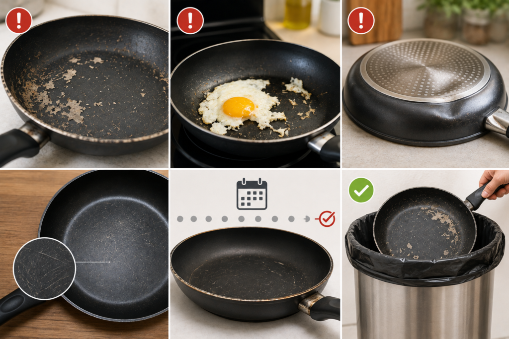 Worn nonstick frying pans showing peeling coating, scratches, food sticking, warping, and signs they should be replaced.