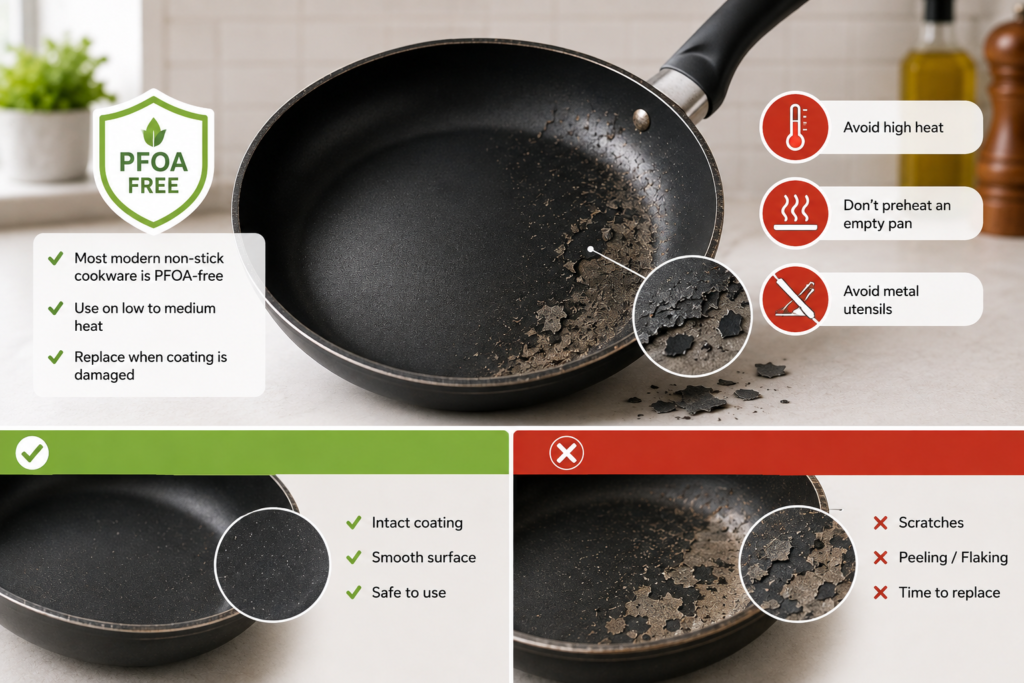 Comparison of intact and damaged nonstick pan coatings with peeling surface, scratches, and safe cookware handling practices in a modern kitchen.