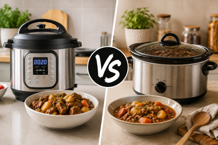"Pressure cooker and slow cooker side by side with hearty meals, comparing fast cooking and slow cooking methods."