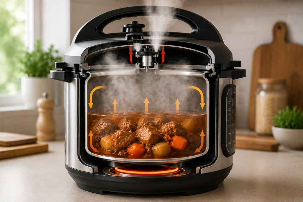 "Cutaway view of an electric pressure cooker showing steam circulation, sealed cooking chamber, and heated food inside."