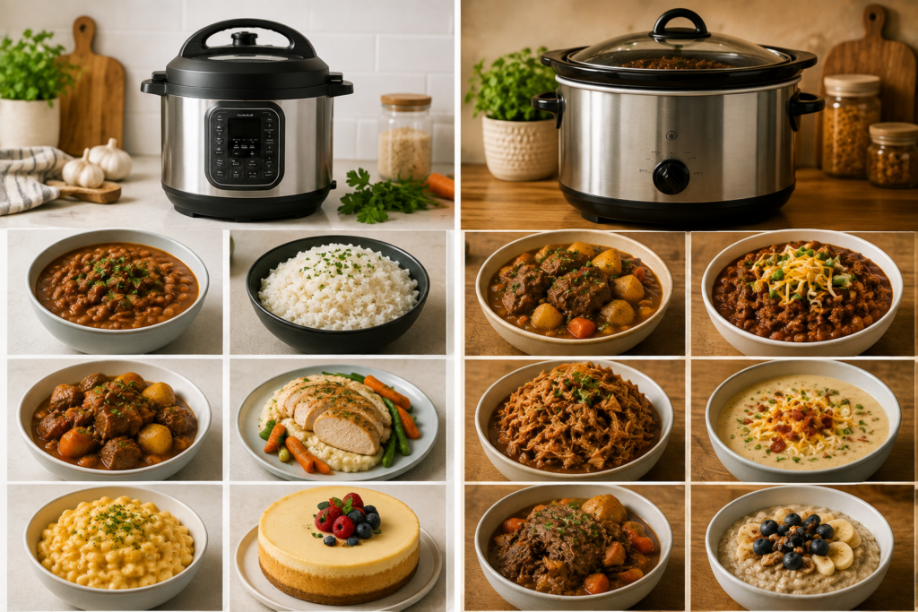 "Pressure cooker and slow cooker surrounded by meals that each appliance cooks best, including stews, rice, chili, pulled meat, and soups."