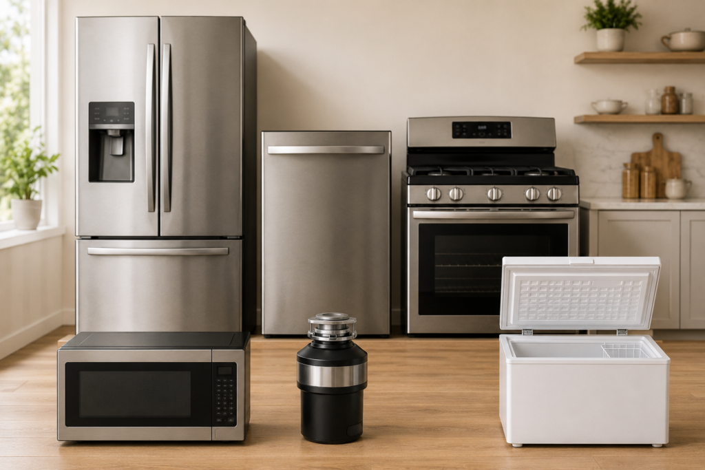 Collection of common kitchen appliances including a refrigerator, dishwasher, range, microwave, freezer, and garbage disposal.