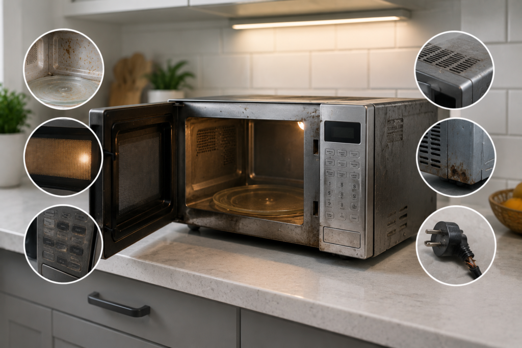 Worn microwave with rust, dirty interior, damaged controls, and signs of replacement in a modern kitchen.