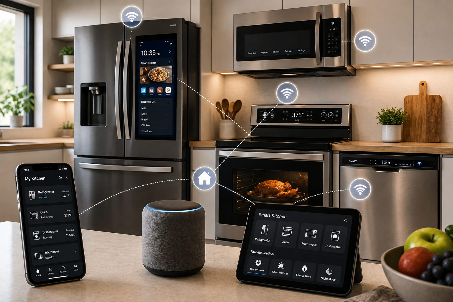 "Modern smart kitchen with connected refrigerator, oven, microwave, dishwasher, tablet, smartphone, and voice assistant demonstrating integrated home automation."