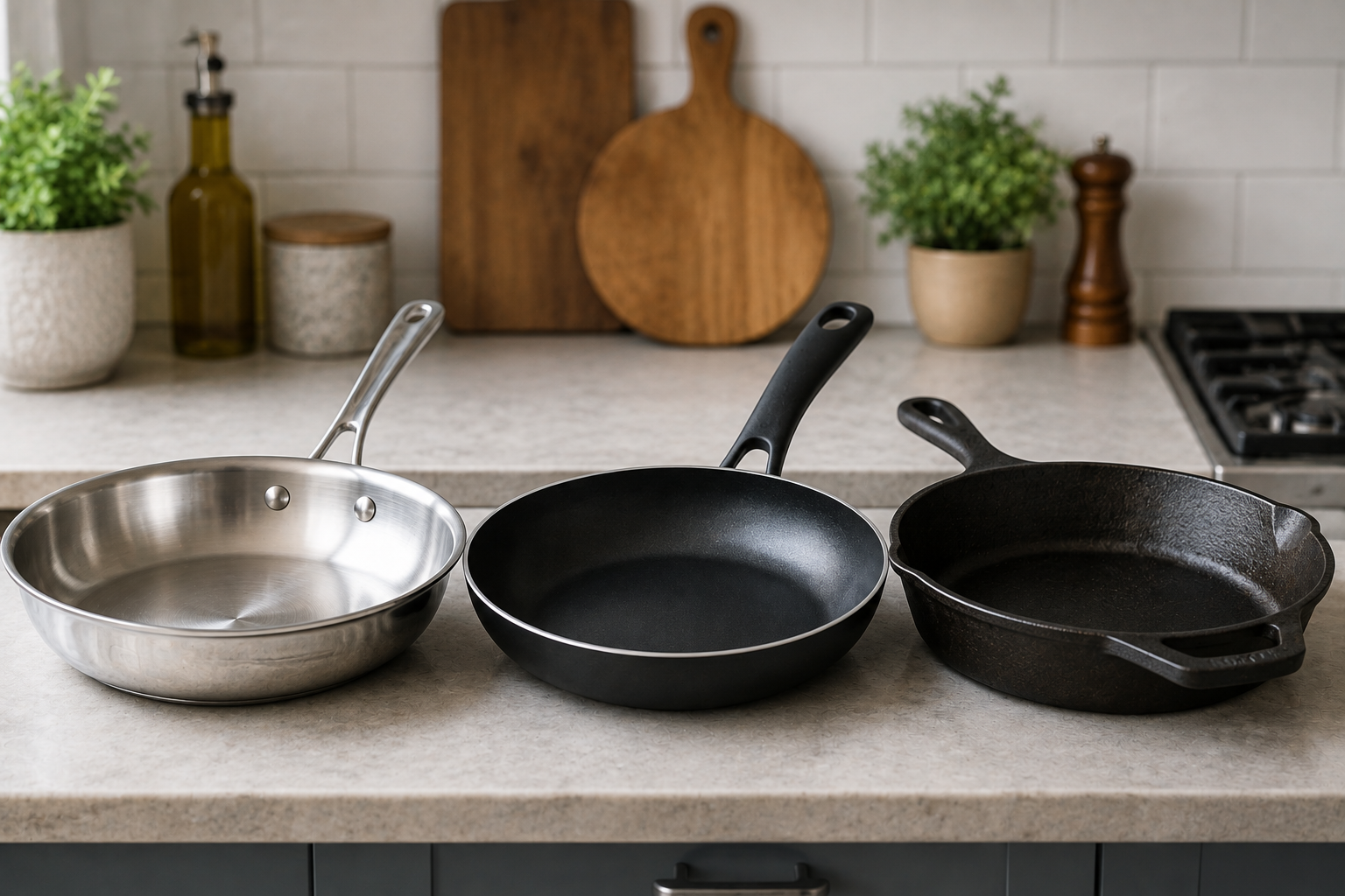 Stainless steel, nonstick, and cast iron frying pans displayed side by side on a modern kitchen countertop.