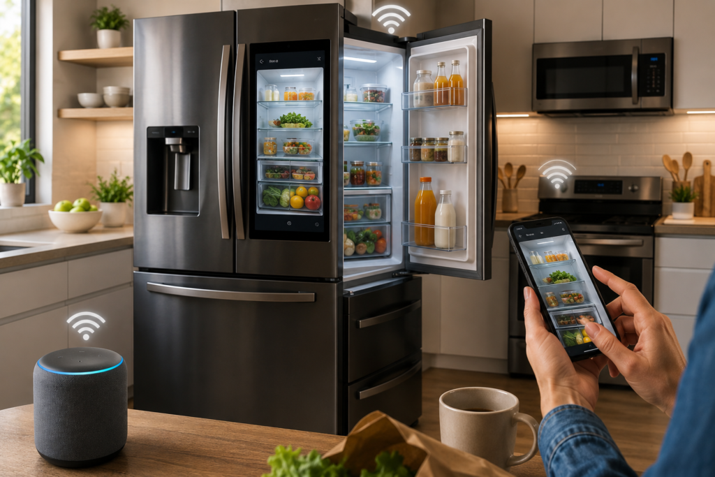 "Smart refrigerator with touchscreen display, organized food storage, interior camera view, and smartphone connectivity in a modern kitchen."