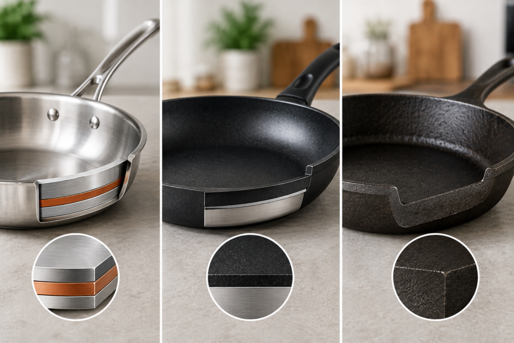 Cross-section comparison of stainless steel, nonstick, and cast iron cookware materials on a kitchen countertop.