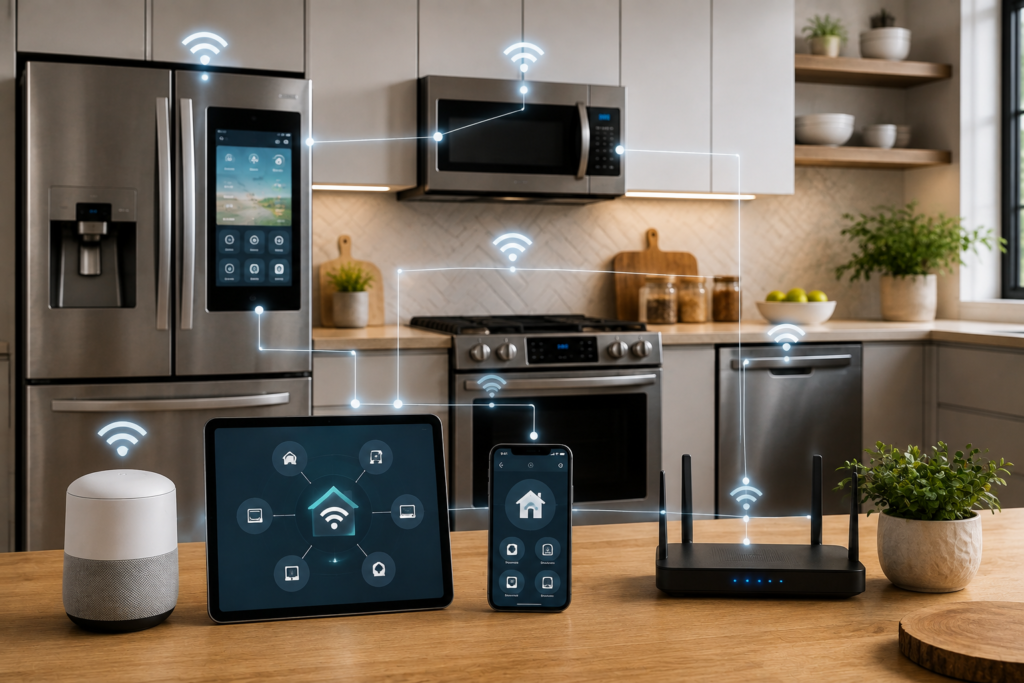 "Modern smart kitchen showing connected refrigerator, oven, microwave, dishwasher, router, smartphone, tablet, and smart speaker communicating through a unified home network."