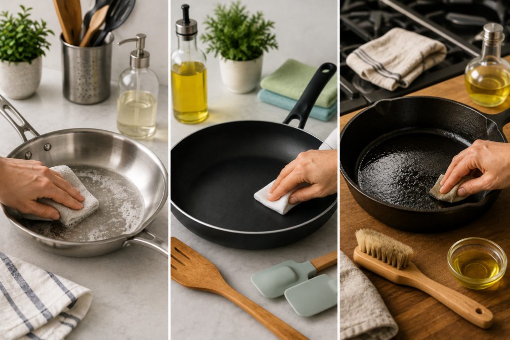 Cleaning and maintaining stainless steel, nonstick, and cast iron cookware using proper care methods in a modern kitchen.