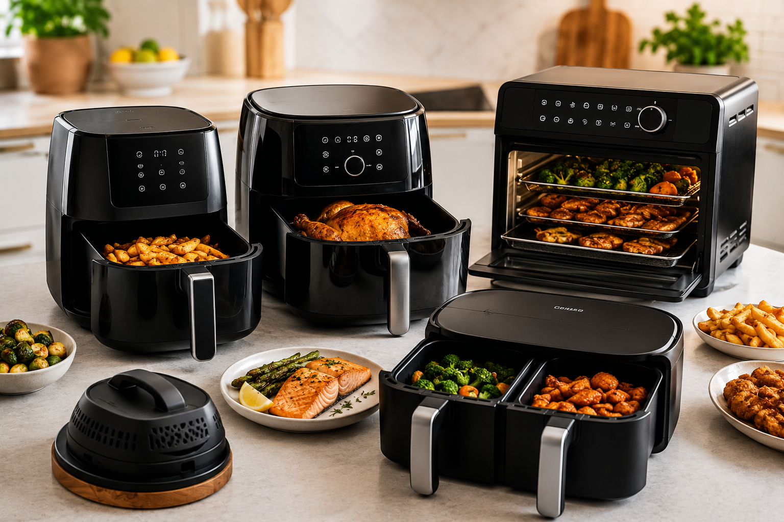 "Modern air fryer collection featuring basket-style, dual-basket, and oven-style models with a variety of freshly cooked foods on a kitchen countertop."