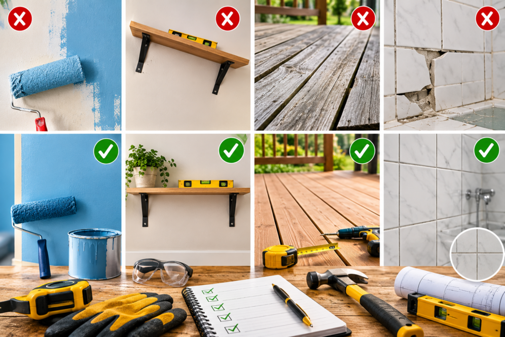 Comparison of common DIY project mistakes and proper techniques for painting, shelving, tiling, and deck installation during home improvement.