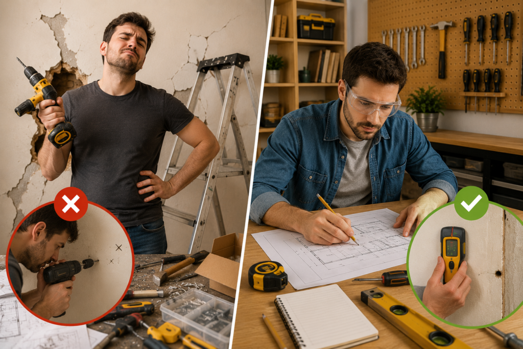 DIY homeowner planning a renovation with blueprints, measuring tools, and safety gear before starting a home improvement project.