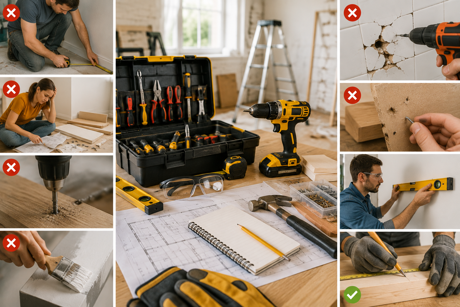 DIY home improvement workspace with measuring tools, safety gear, power tools, blueprints, and examples of common renovation mistakes and best practices.