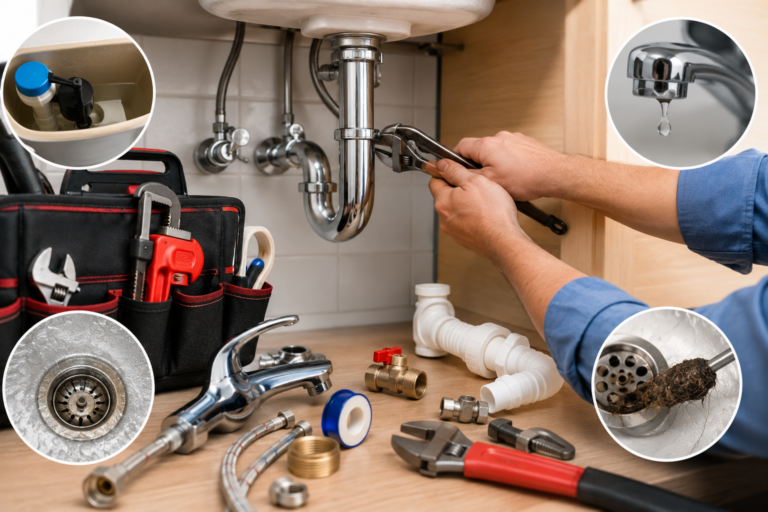 DIY plumbing repair tools with sink pipes, dripping faucet, clogged drain, running toilet components, and basic home plumbing maintenance equipment.