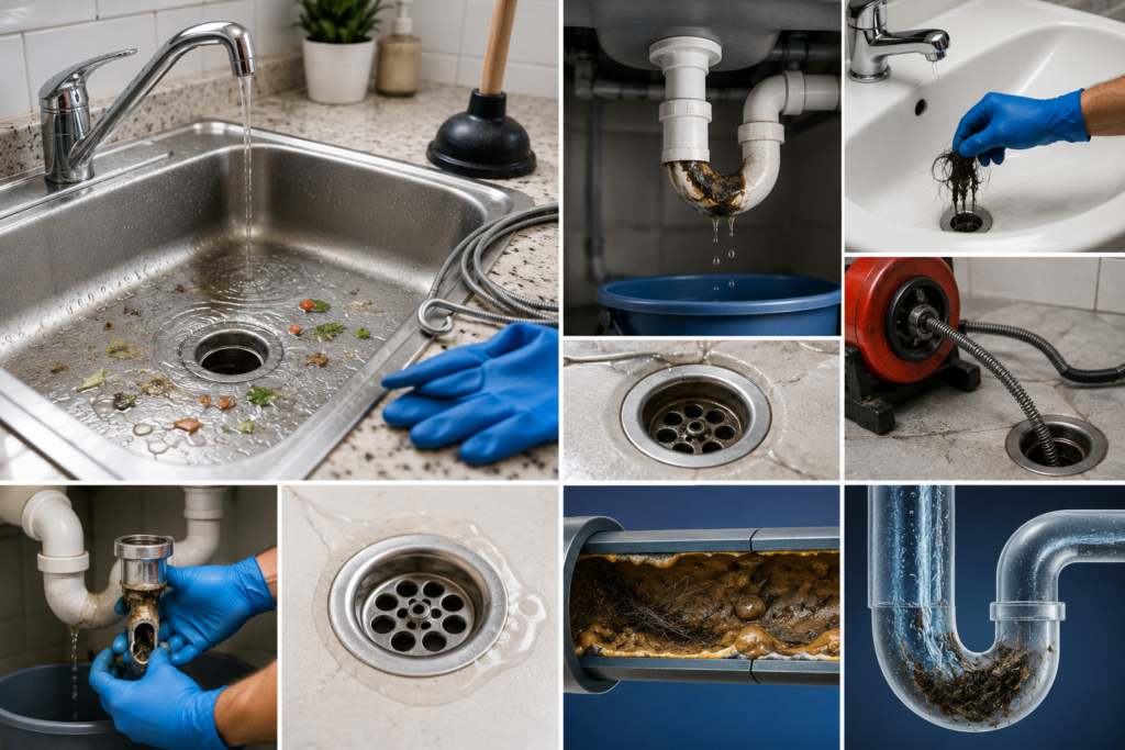 Slow kitchen sink drain with standing water, clogged drain pipe, drain snake, plunger, and hair blockage removal during DIY plumbing repair.